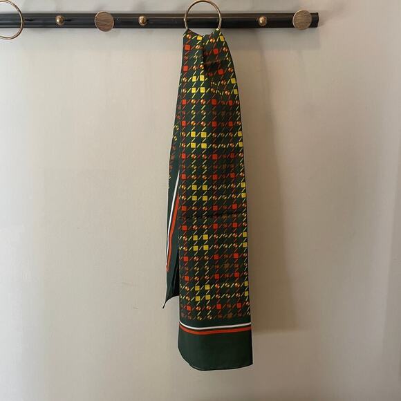 Vintage Italian Geometric Print Scarf | 1970s, Dark Green, Mod Print, 15x44" - Picture 4 of 5